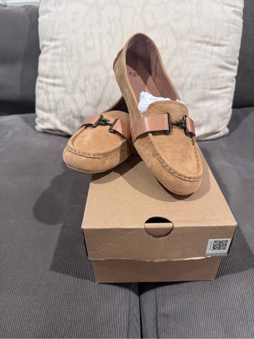 UGG Women's Suede Loafers in Tan with Leather Strap
